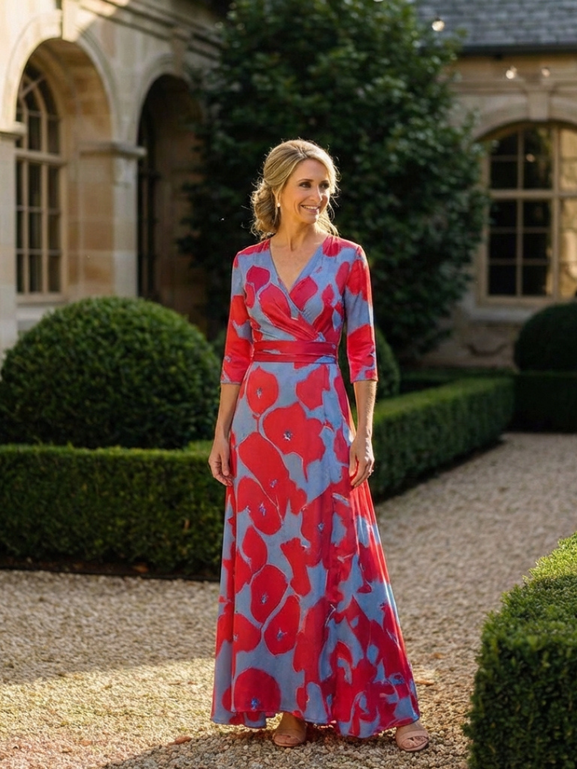 Danielle | Robe maxi à manches trois quarts et décolleté en V à fleurs
