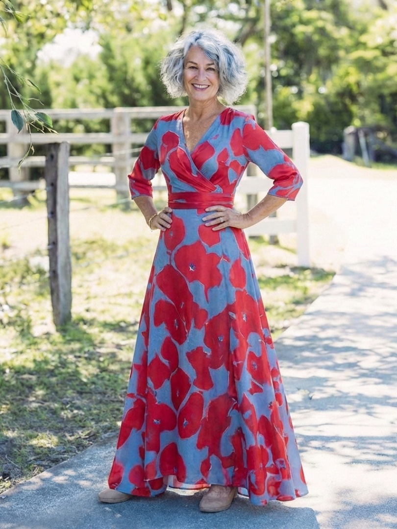 Danielle | Robe maxi à manches trois quarts et décolleté en V à fleurs