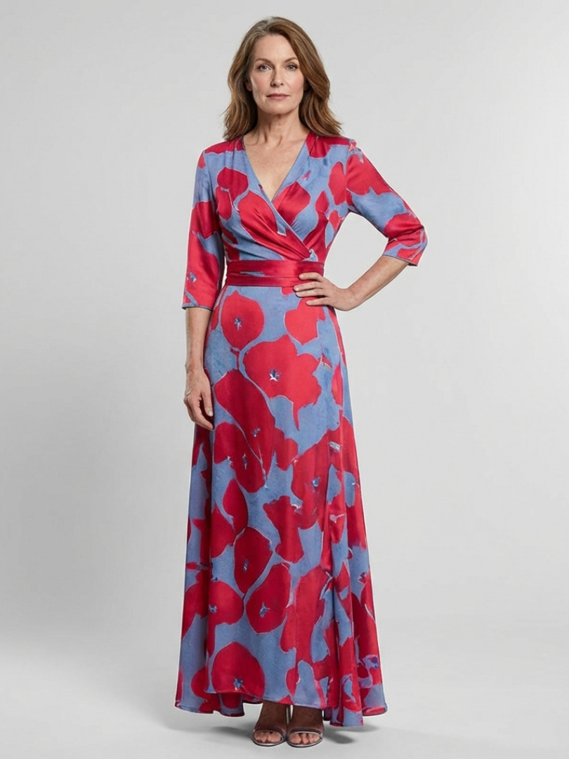 Danielle | Robe maxi à manches trois quarts et décolleté en V à fleurs