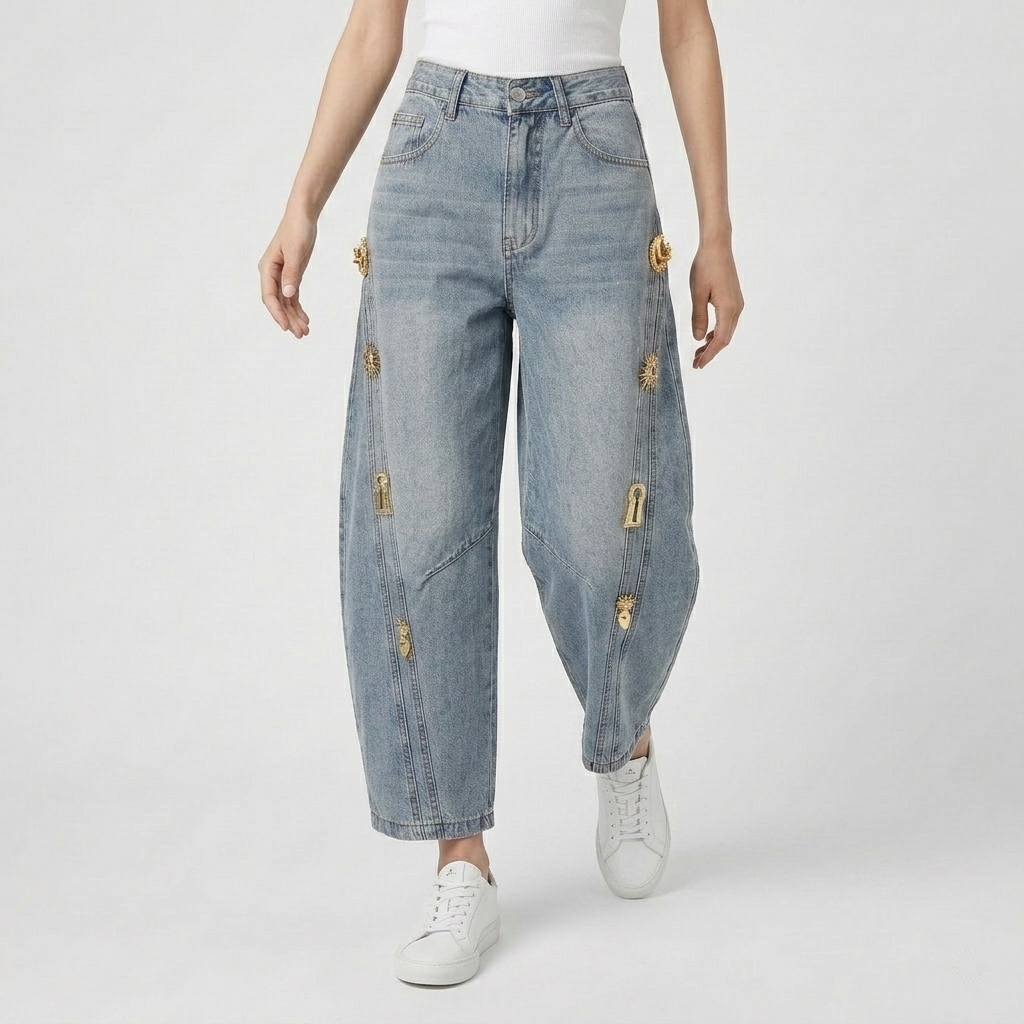 Jean Femme Large Taille Haute avec Détails Métalliques Style Tendance