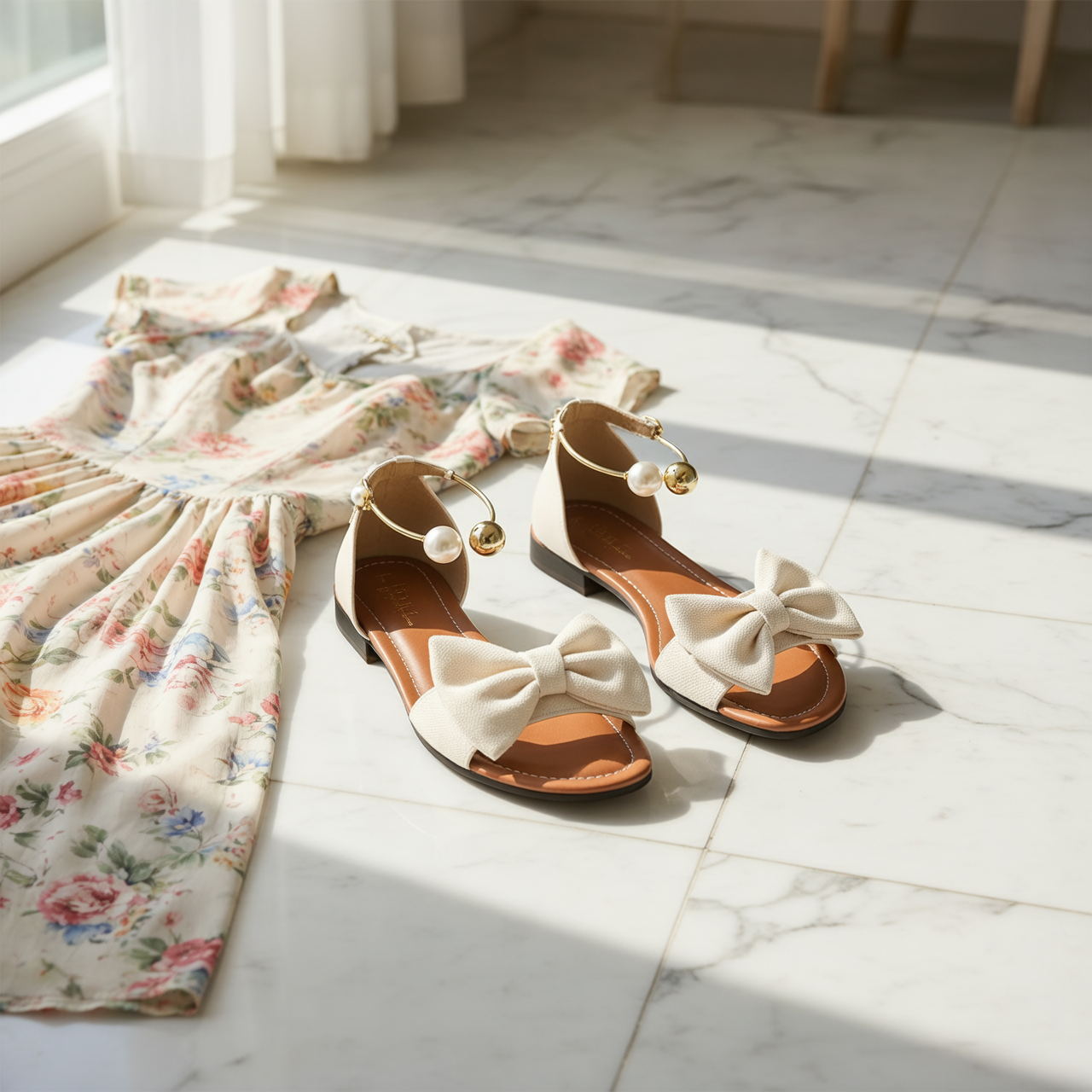 Lunabow – Sandales plates avec nœud et bracelet de cheville en perles