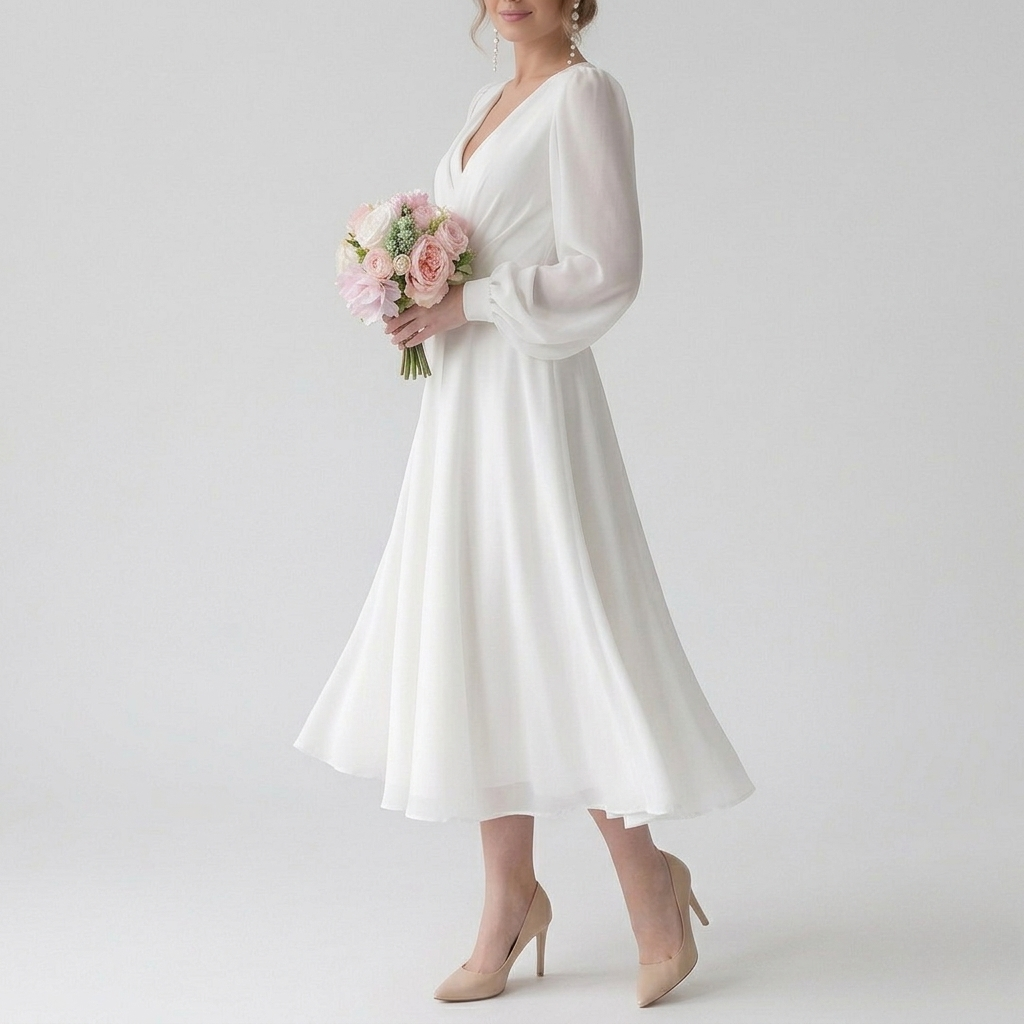 Robe de Mariée Classique Femme Manches Longues Coupe Élégante