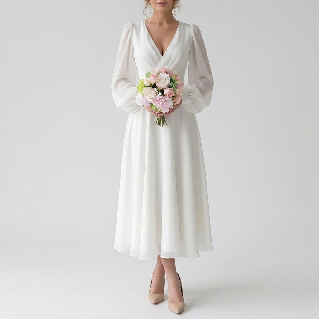 Robe de Mariée Classique Femme Manches Longues Coupe Élégante