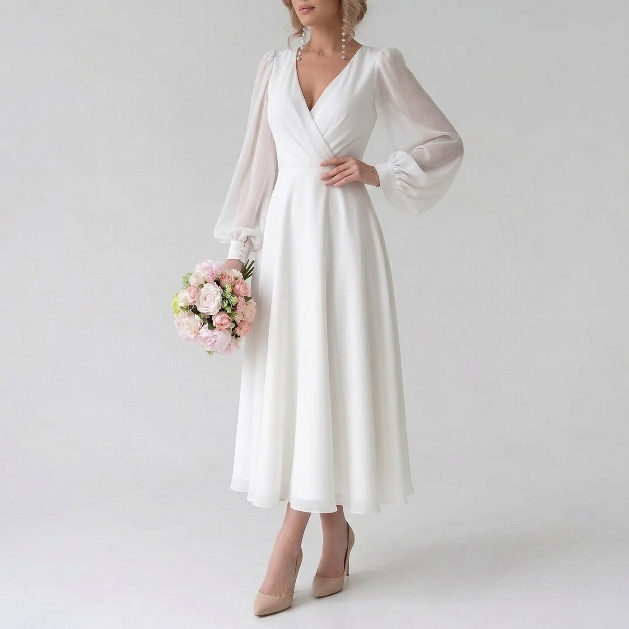 Robe de Mariée Classique Femme Manches Longues Coupe Élégante