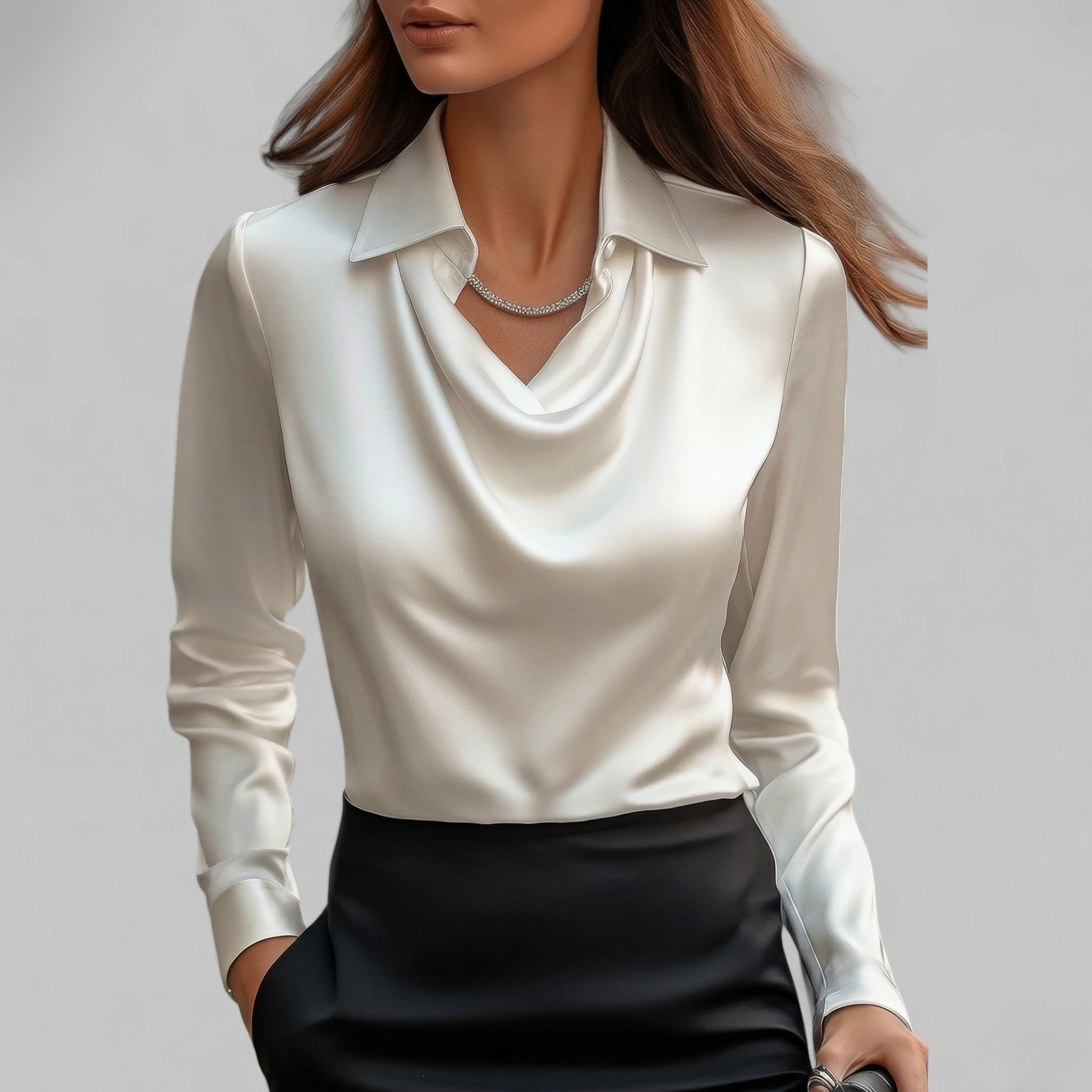 Blouse Femme Élégante Col Cascade Manches Longues