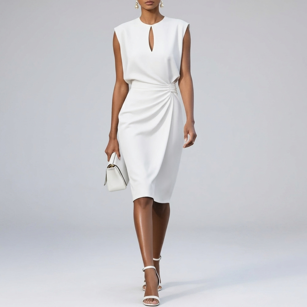 Robe Midi Femme Col Découpé Élégante Robe Moulante Froncée