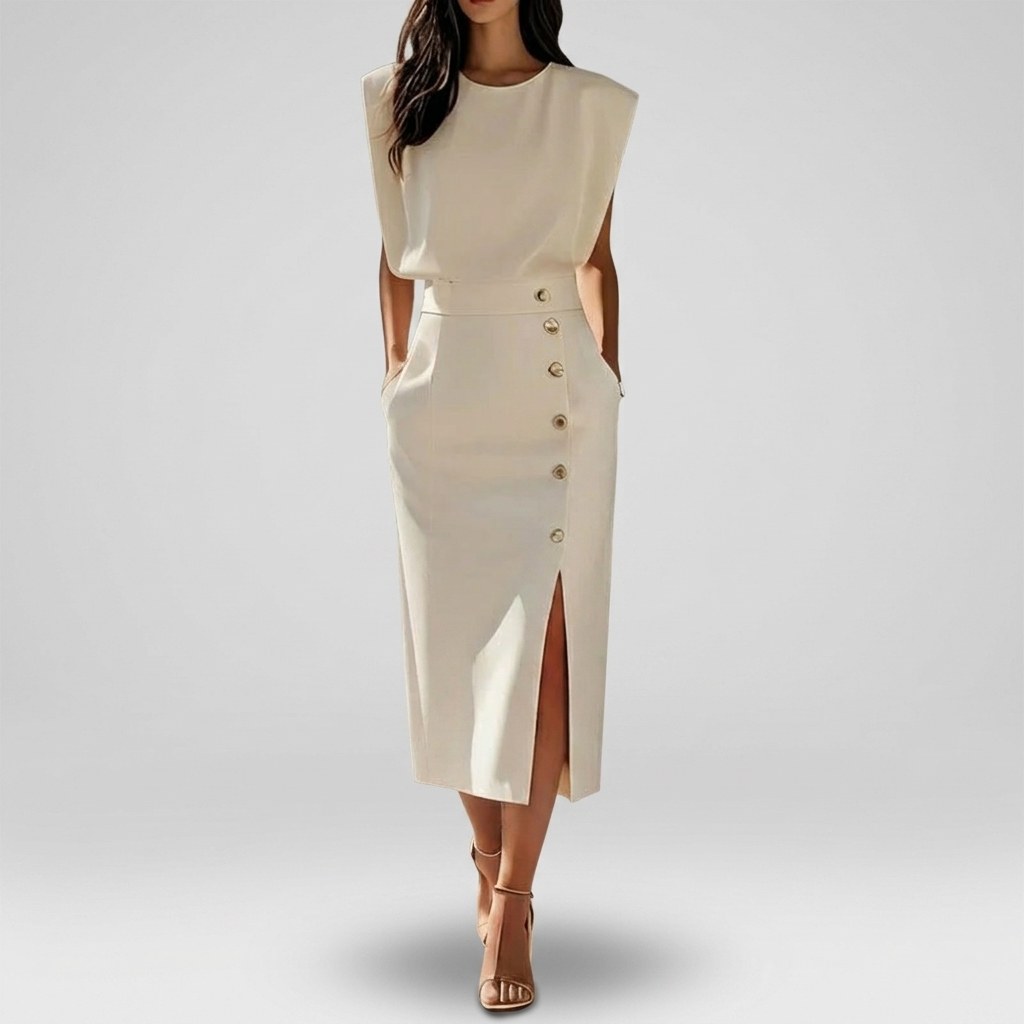 Robe Midi Femme Élégante avec Boutons Latéraux et Fente