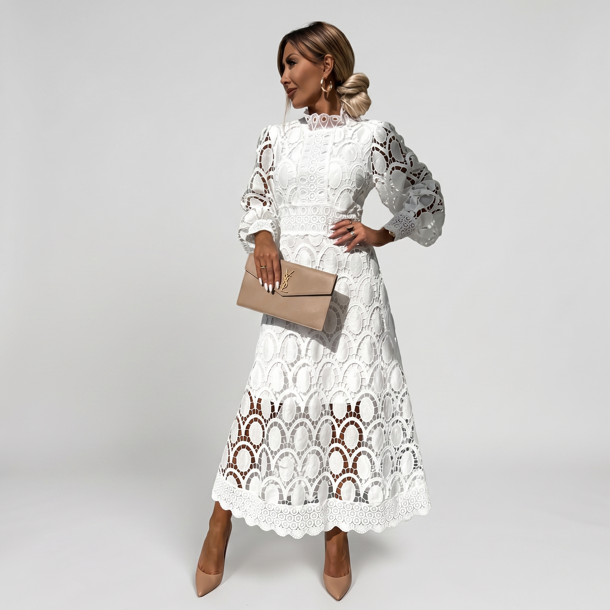 Robe Midi Femme Dentelle Robe Élégante Manches Longues Habillée