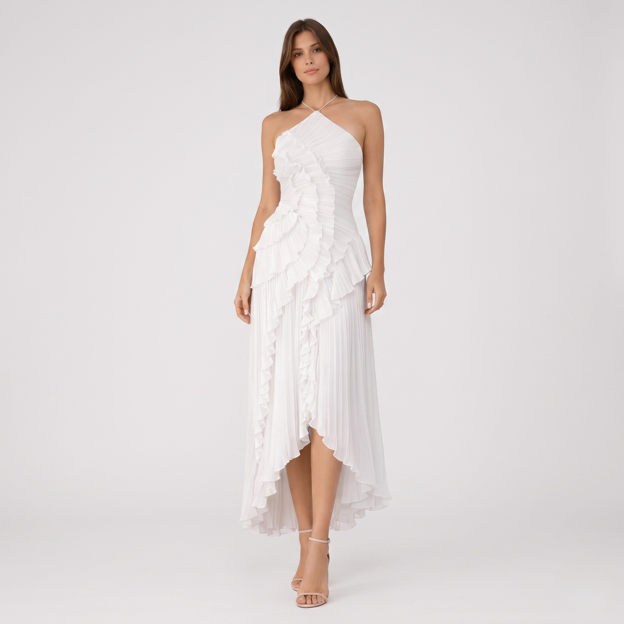 Robe Maxi Dos Nu Femme Col Halter Sans Manches Volants Élégante Robe Invitée Mariage Été