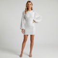 Robe Mini Femme à Sequins Robe Élégante Manches Longues Soirée