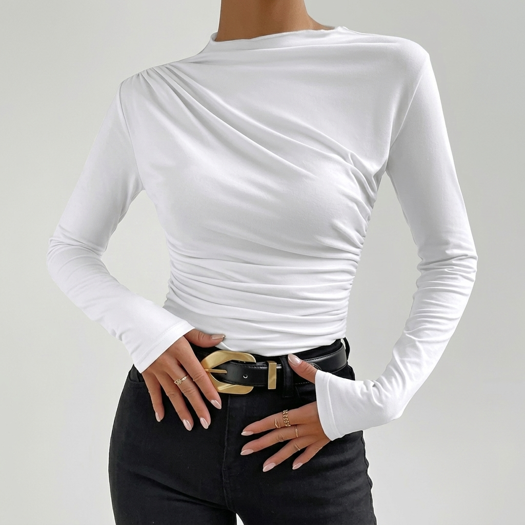 Top Femme Froncé Manches Longues Blouse Élégante Coupe Ajustée