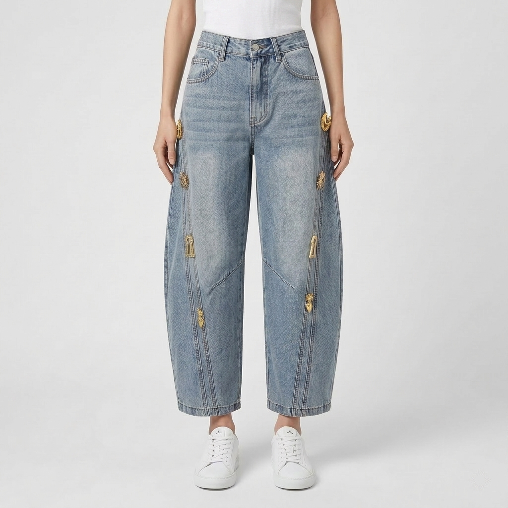 Jean Femme Large Taille Haute avec Détails Métalliques Style Tendance
