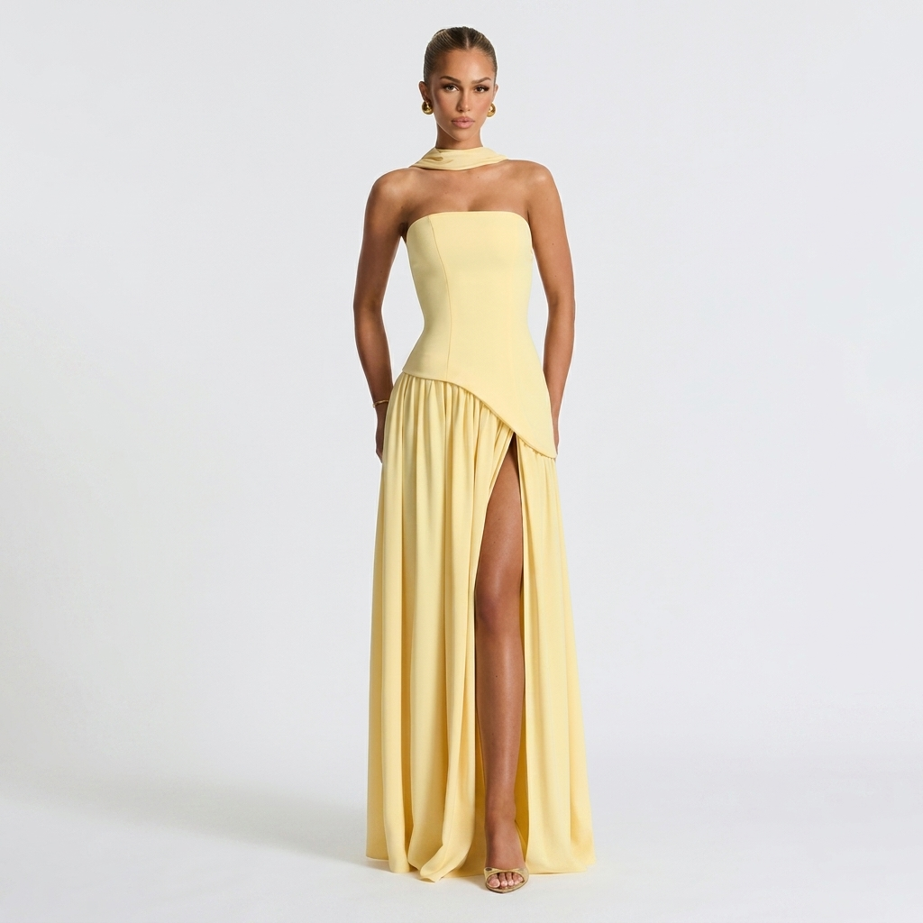 Robe Maxi Bustier Femme Élégante Robe de Soirée Fendue Style Formelle