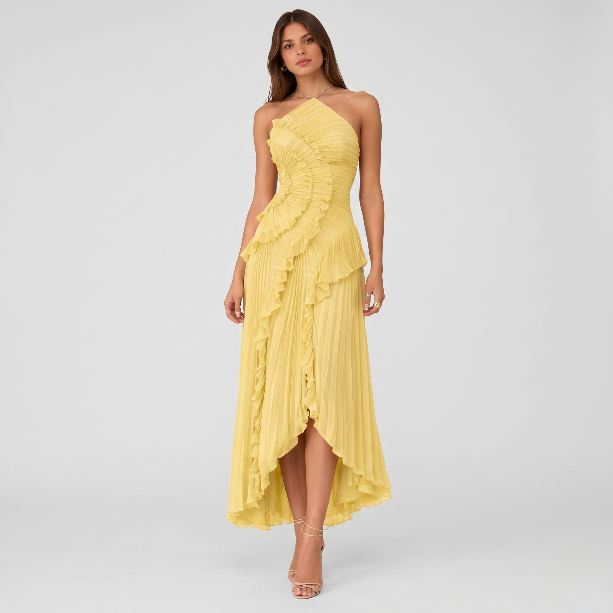 Robe Maxi Dos Nu Femme Col Halter Sans Manches Volants Élégante Robe Invitée Mariage Été