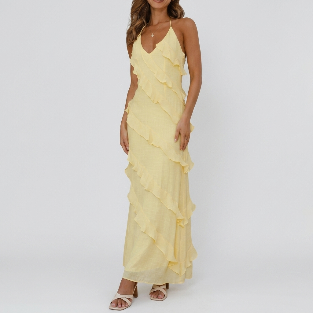 Robe Maxi Femme à Volants Robe Fluide Élégante Sans Manches