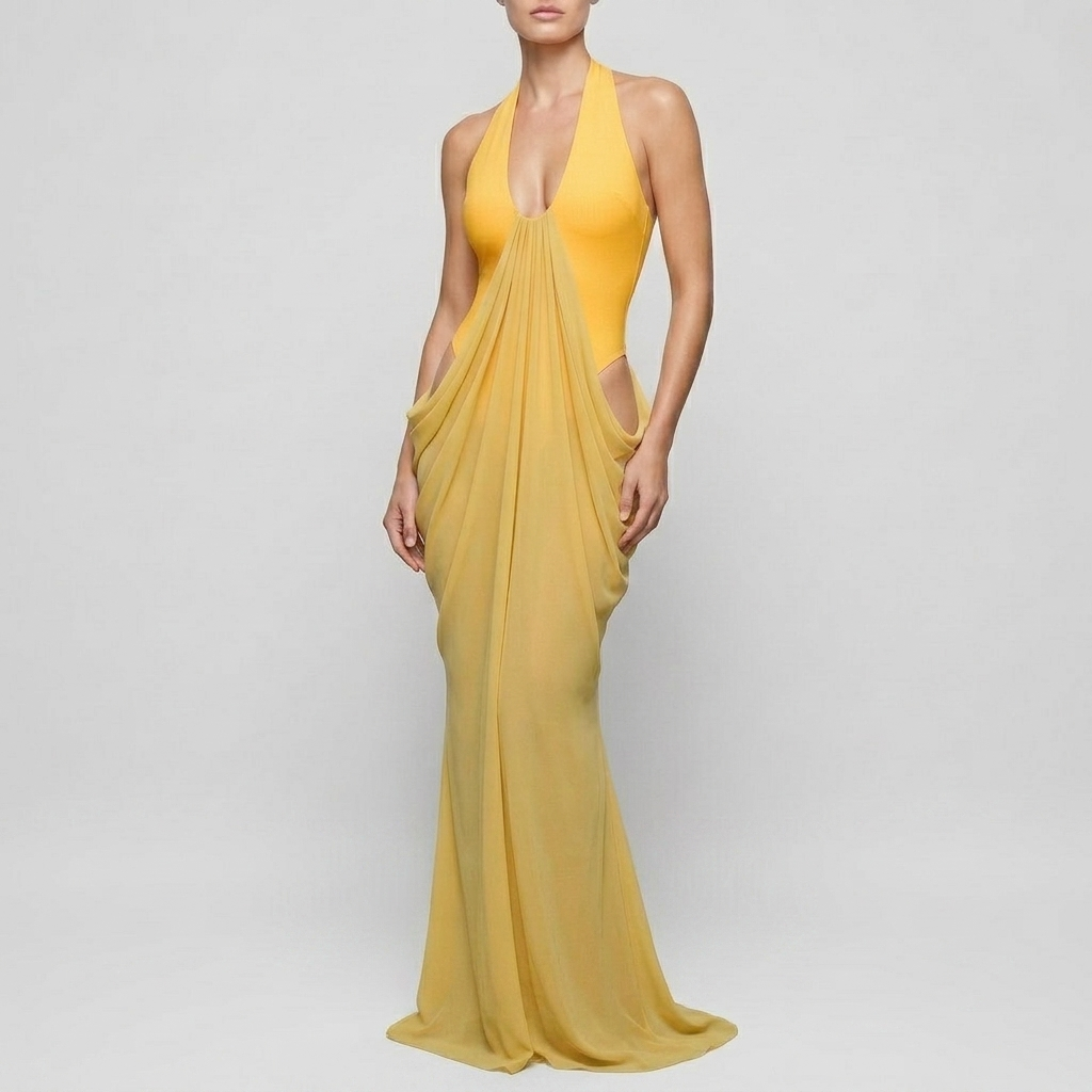Robe Maxi Femme Col Halter Sans Manches Détail Mesh Élégante Soirée